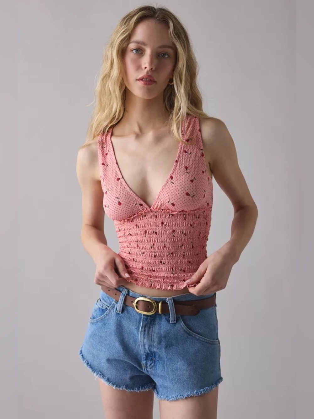 UO Kimchi Blue Betty Plunging V-Neck Smocked Tank Top